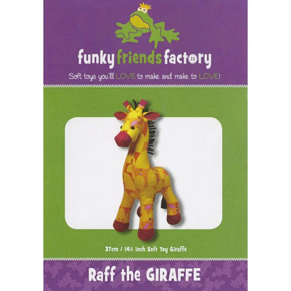 Funky Friends Factory Raff the Giraffe sewing pattern for 14.5 inch soft toy in bright colors