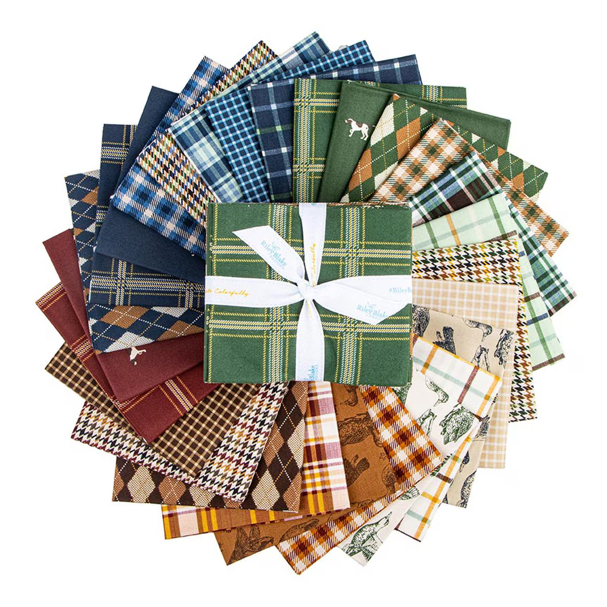 Plaid-Venture Club fabric fat quarter bundle with 27 precut pieces in plaid, houndstooth, argyle, and hunting motifs by Riley Blake Designs