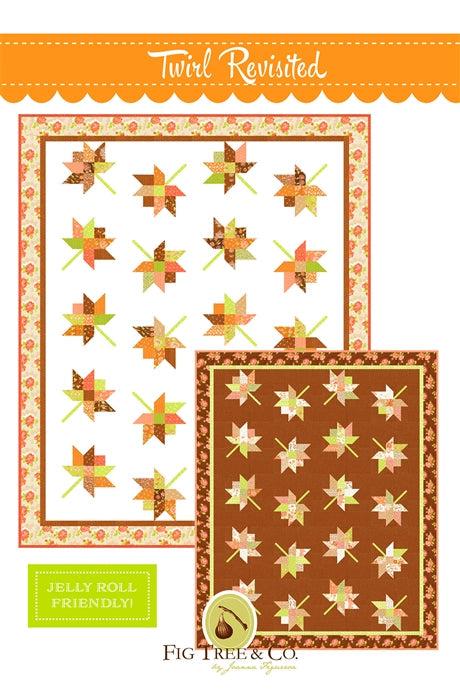 Twirl Revisited Quilt Pattern with autumn leaves in light and dark backgrounds, featuring updated pieced stems and jelly roll friendly design