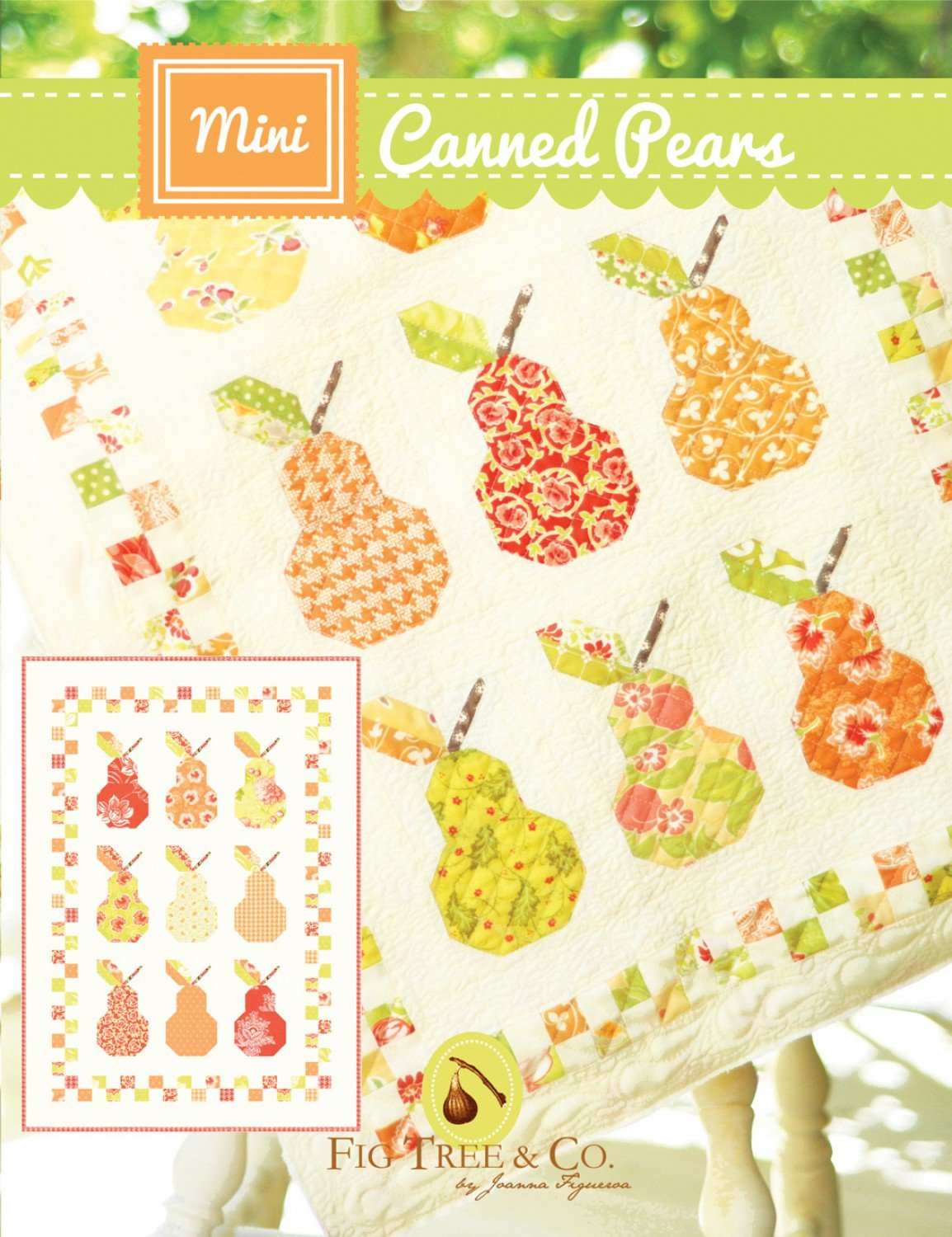 Mini Canned Pears quilt pattern featuring yellow peach and fresh green checkered pear designs