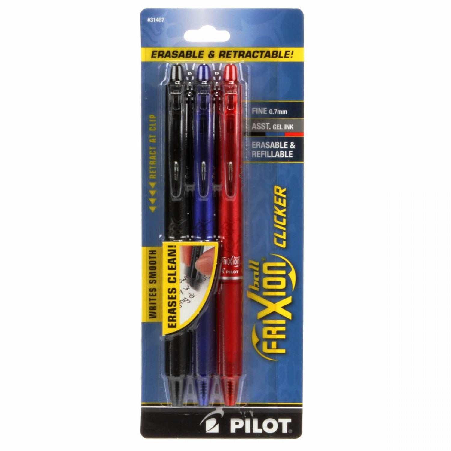 Frixion Clicker Pen 0.7mm fine point 3 pack black blue red erasable retractable pens
