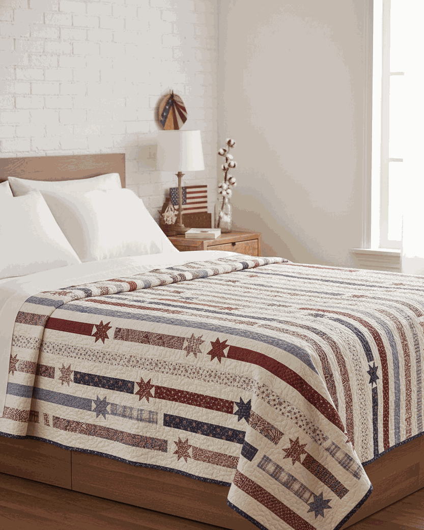 Fireworks Quilt Kit patriotic stars and stripes quilt on bed Americana decor