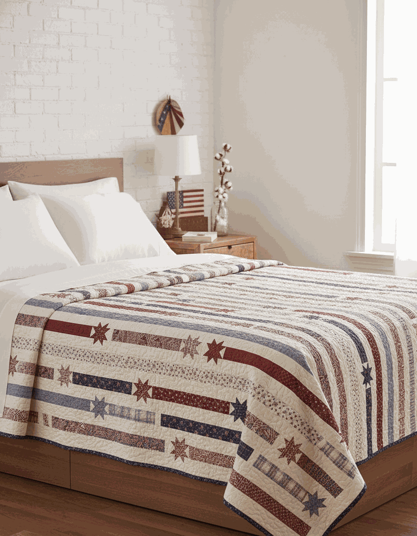 Fireworks Quilt Kit patriotic stars and stripes quilt on bed Americana decor