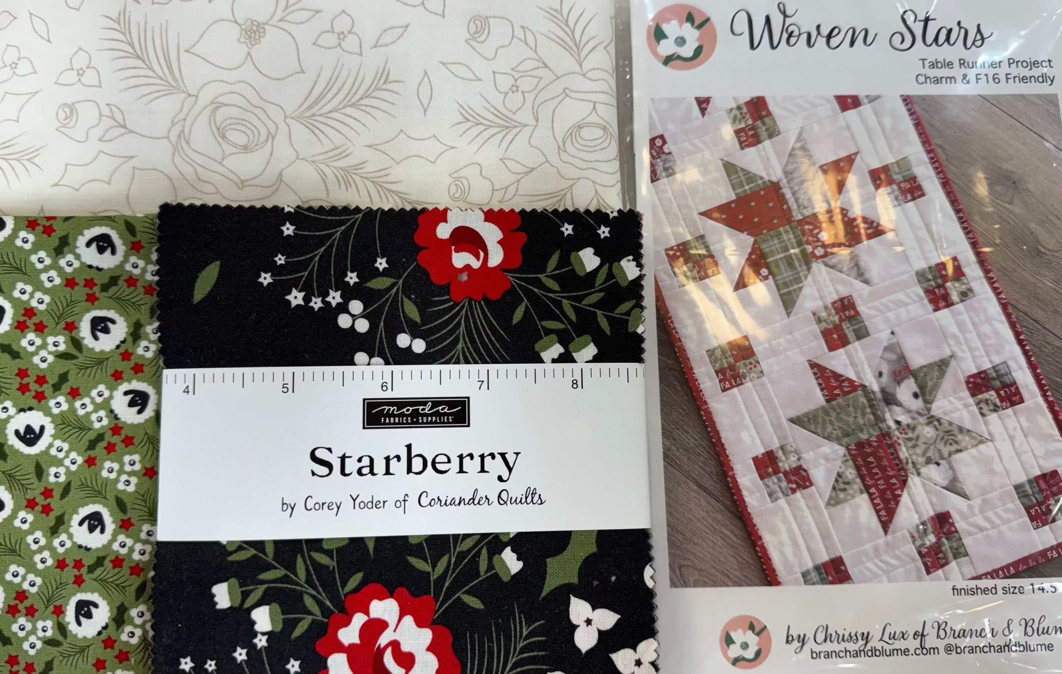 Woven Stars Table Runner kit with Starberry fabric featuring floral pattern and project instructions