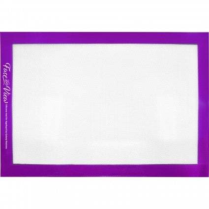 Galaxy Notions 12in x 18in transparent silicone mat with tacky surface and purple border, heat resistant up to 420°F, dishwasher safe