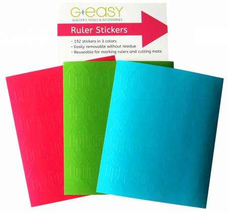 GEasy Ruler Stickers in turquoise, pink, and lime green, reusable arrow markers for rulers and cutting mats.