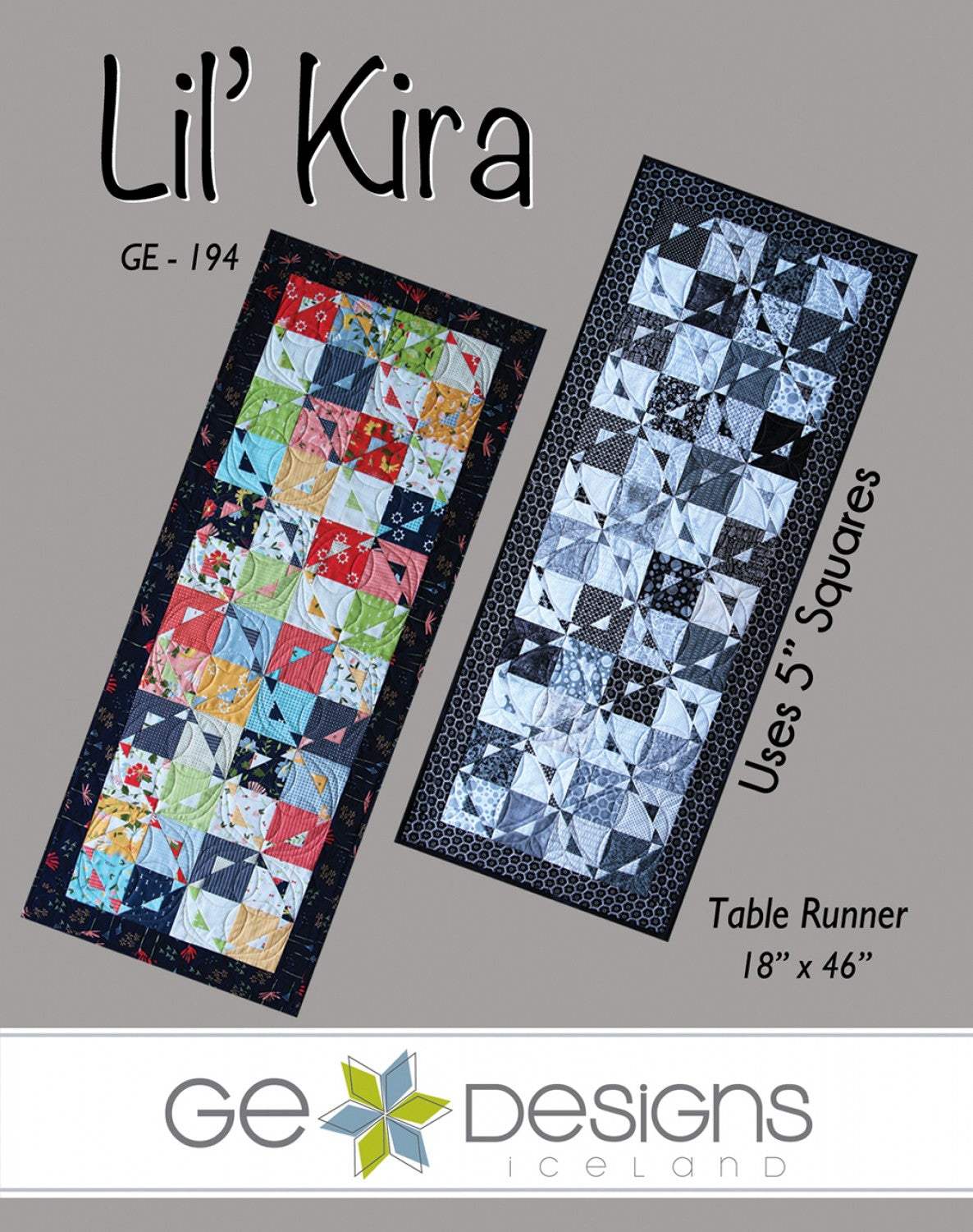 Lil' Kira from G.E. Designs quilted table runners using 5-inch fabric squares in colorful and monochrome patterns, sized 18 by 46 inches