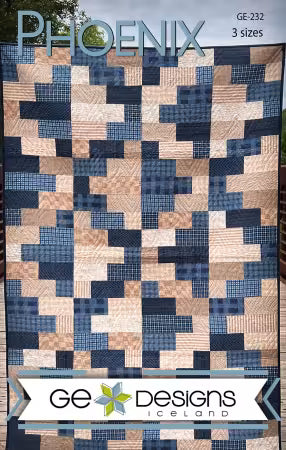 Phoenix Quilt Pattern by GE Designs featuring blue and beige geometric patchwork quilt in three sizes for confident beginners