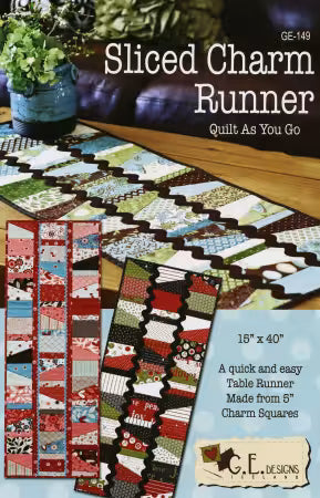Sliced Charm Runner quilt pattern using quilt as you go method with charm squares and ric rack sashing