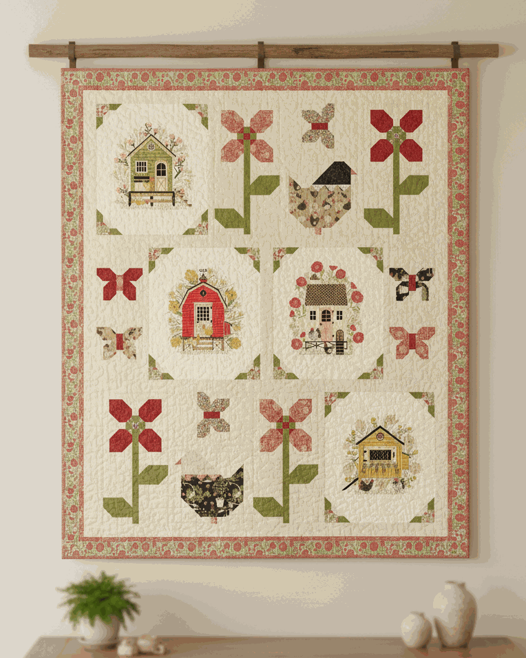Hens on Holiday Quilt Kit featuring chicken and flower patchwork quilt hanging on wall