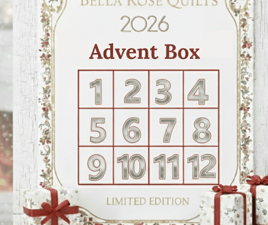Bella Rose Quilts 2026 Christmas Advent Box with 12 fabric-wrapped quilting gifts and limited edition design