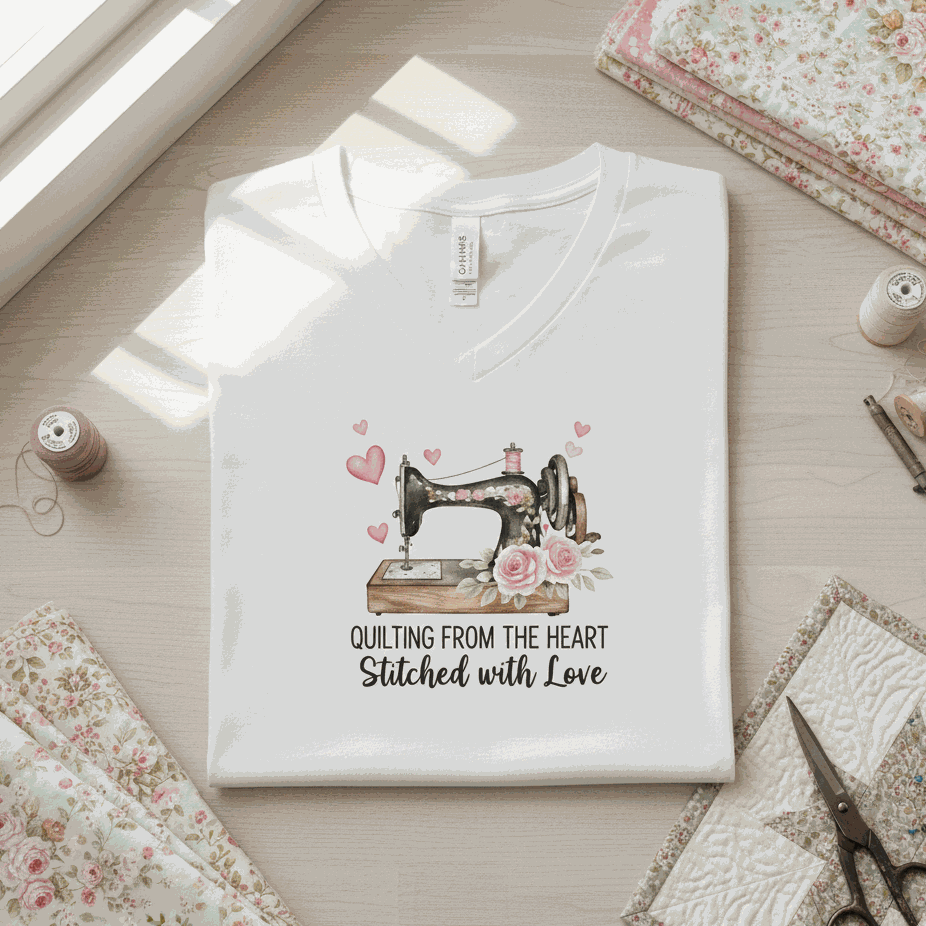 Quilting From The Heart women's relaxed V-neck t-shirt with sewing machine and floral design, soft fabric, and casual fit