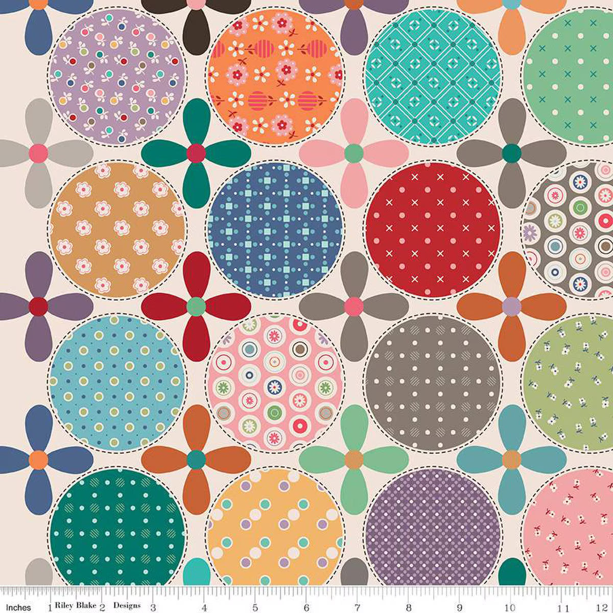 Bee Dots Home Décor fabric with multi-colored daisy dots by Lori Holt, lightweight canvas for home projects
