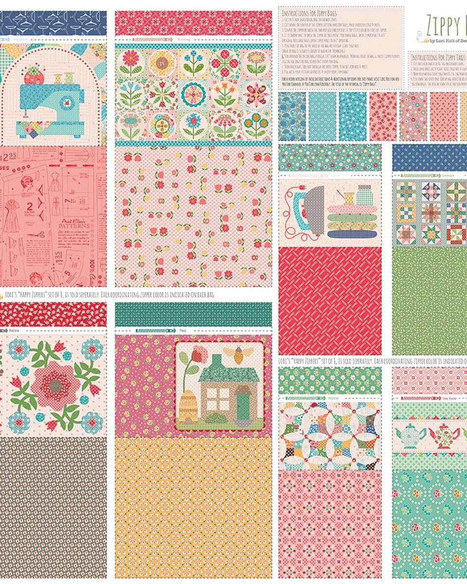 Zippy Bags 4 Panel fabric kit with colorful sewing, floral, and quilt designs by Lori Holt for crafting project bags