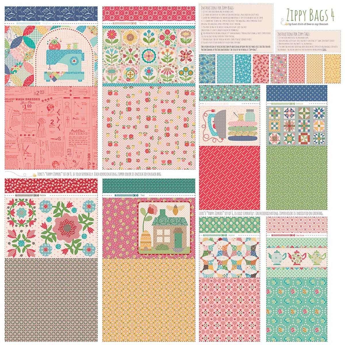 Zippy Bags 4 Panel fabric kit with colorful sewing, floral, and quilt designs by Lori Holt for crafting project bags