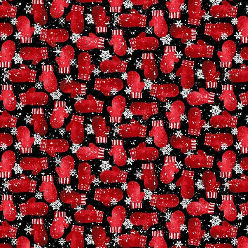 Snow Crew Minky fabric with red mittens and snowflakes on black background for winter projects