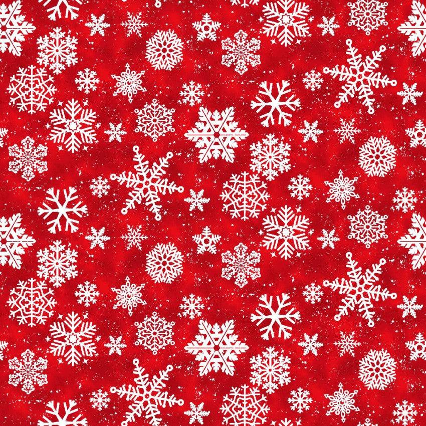 Snow Crew Minky red fabric with white snowflake pattern by Barb Tourtillotte for Henry Glass & Co.