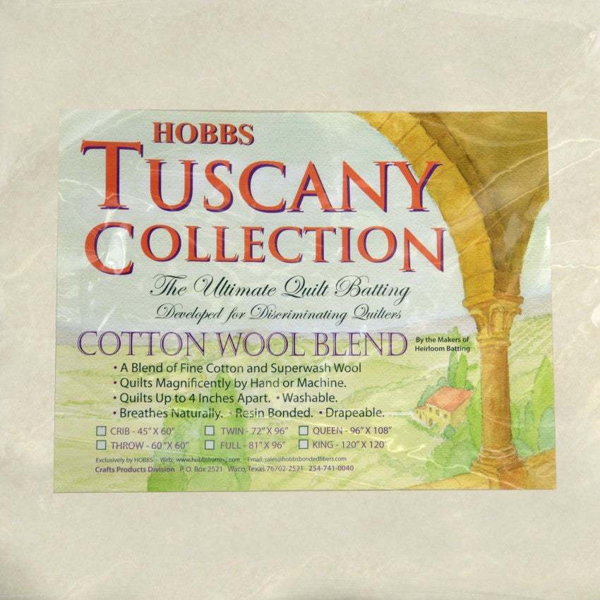 Tuscany Cotton/Wool Blend quilt batting from Hobbs Bonded Fibers, breathable and washable cotton wool blend for quilting.