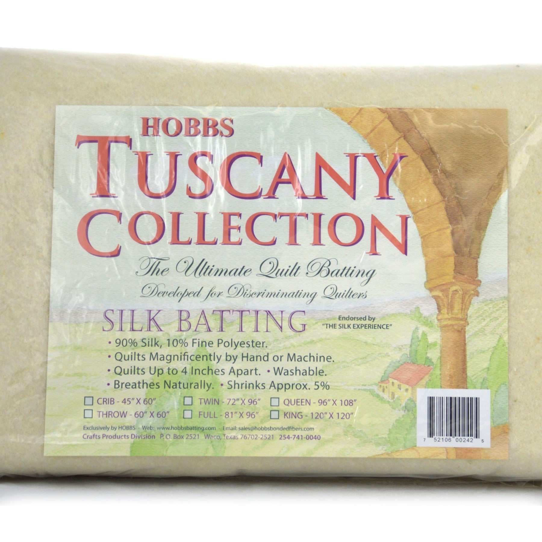 Tuscany Silk Batting from Hobbs Bonded Fibers with 90% silk, 10% polyester, breathable and washable quilt batting.