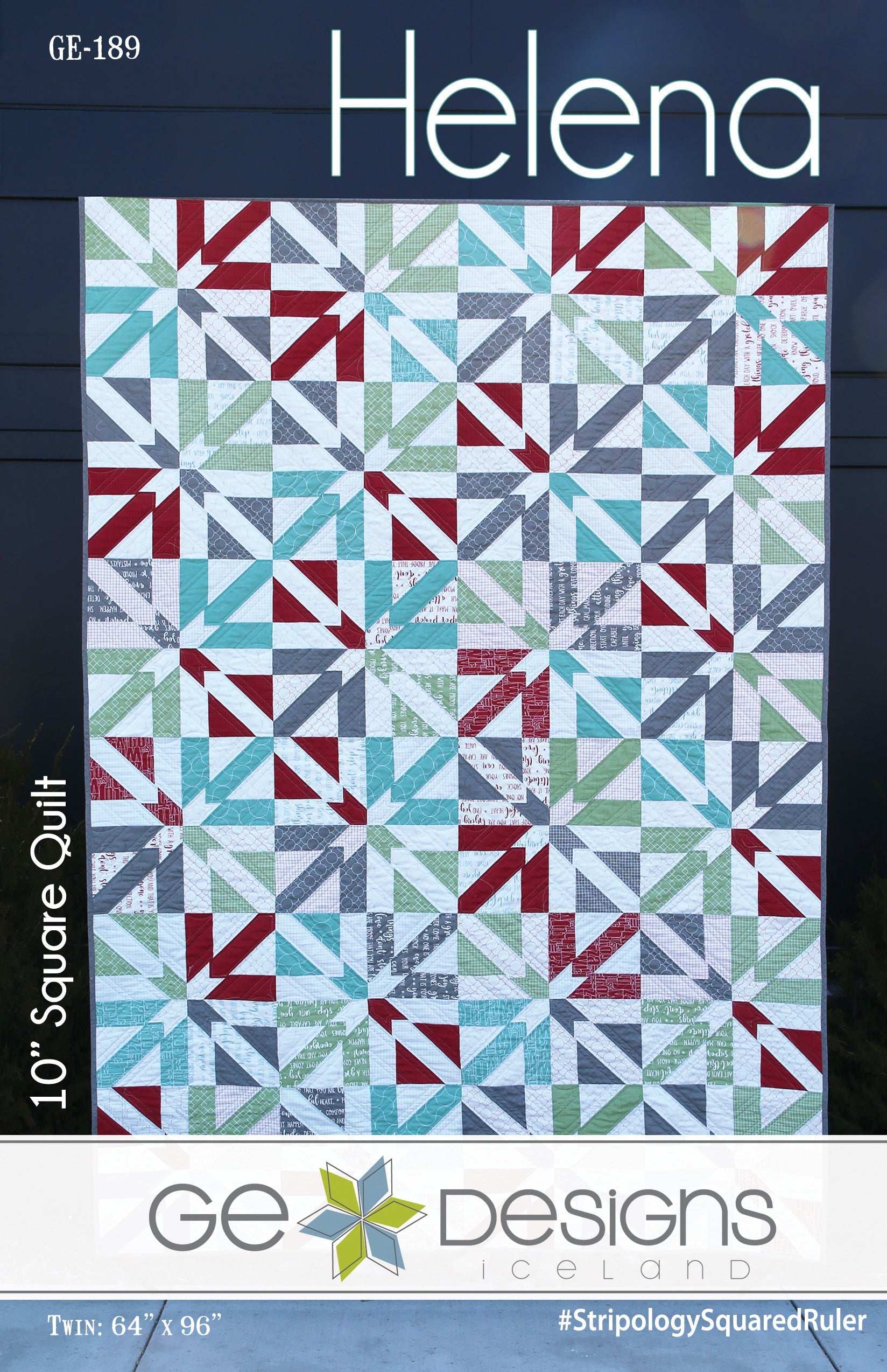 Helena quilt with 10-inch square pattern using lights and darks, featuring Stripology Squared ruler piecing and five size options