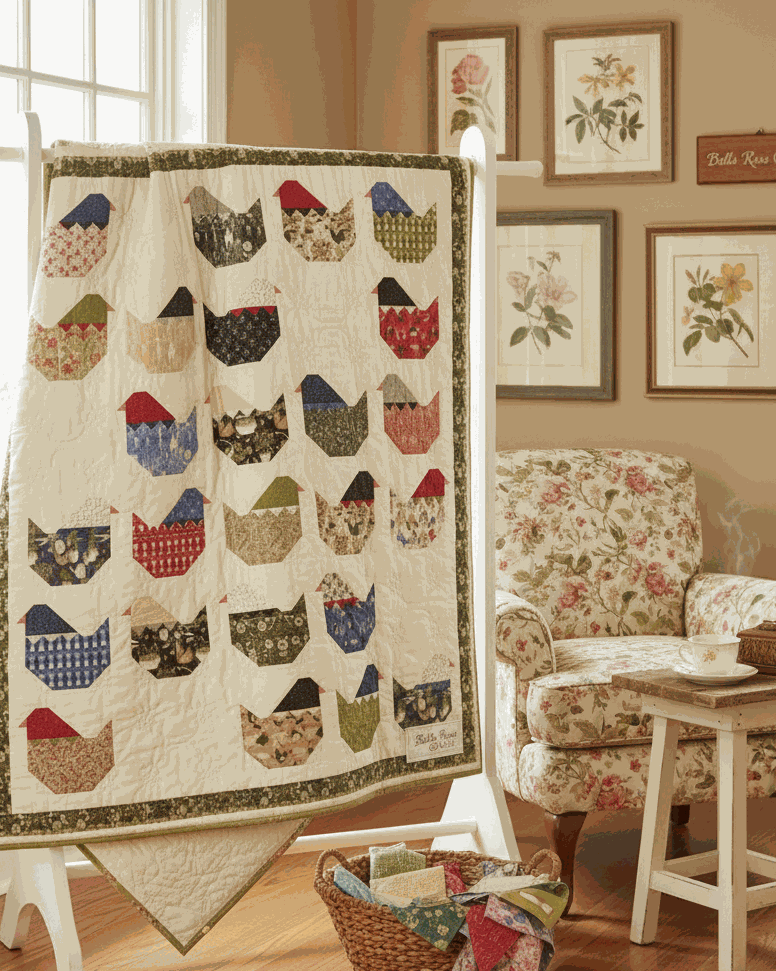 Hen Party Quilt Kit featuring colorful hen patterns quilt displayed in cozy floral room