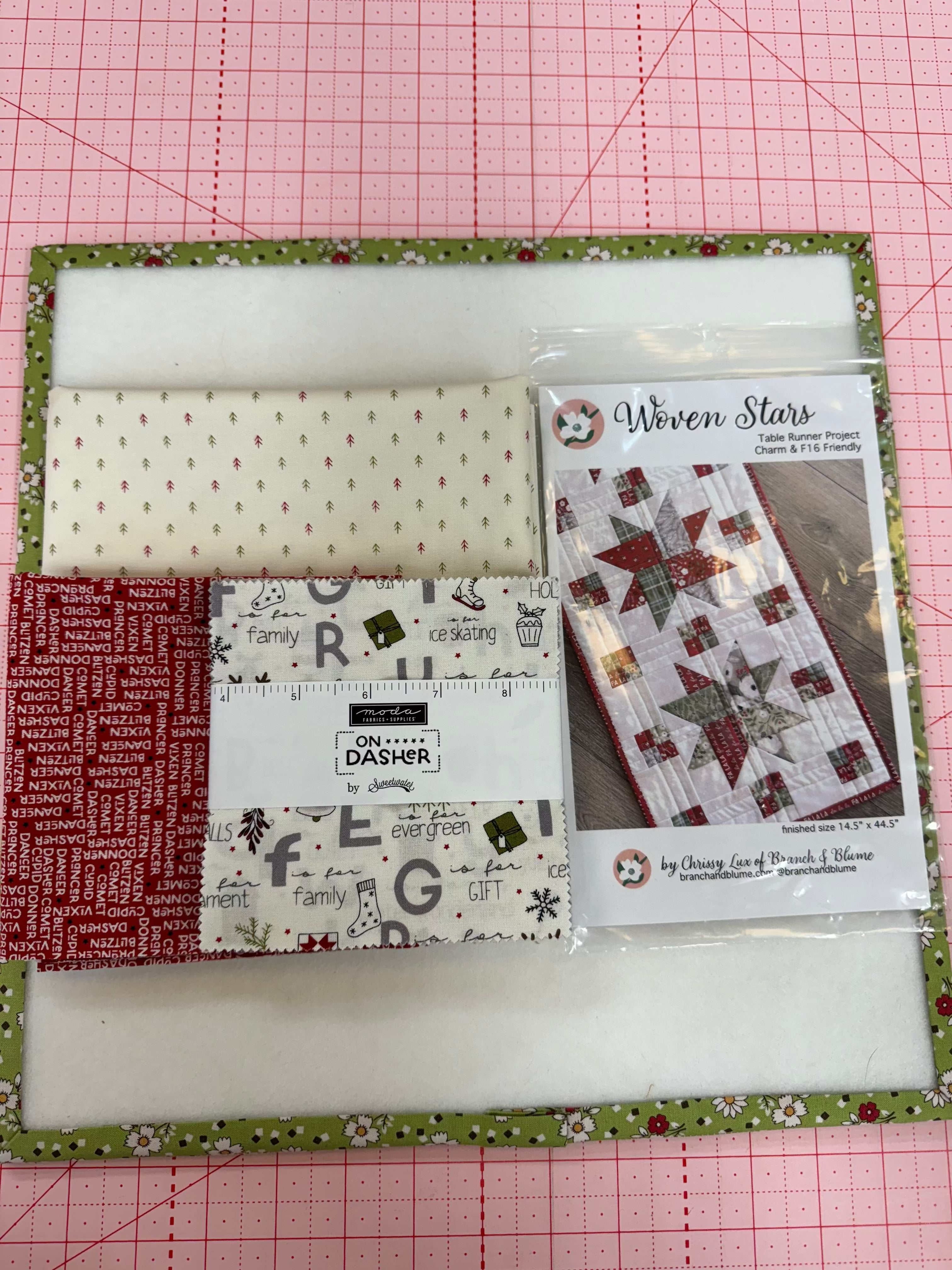 Woven Stars Table Runner kit with fabric and pattern featuring festive designs and On Dasher theme