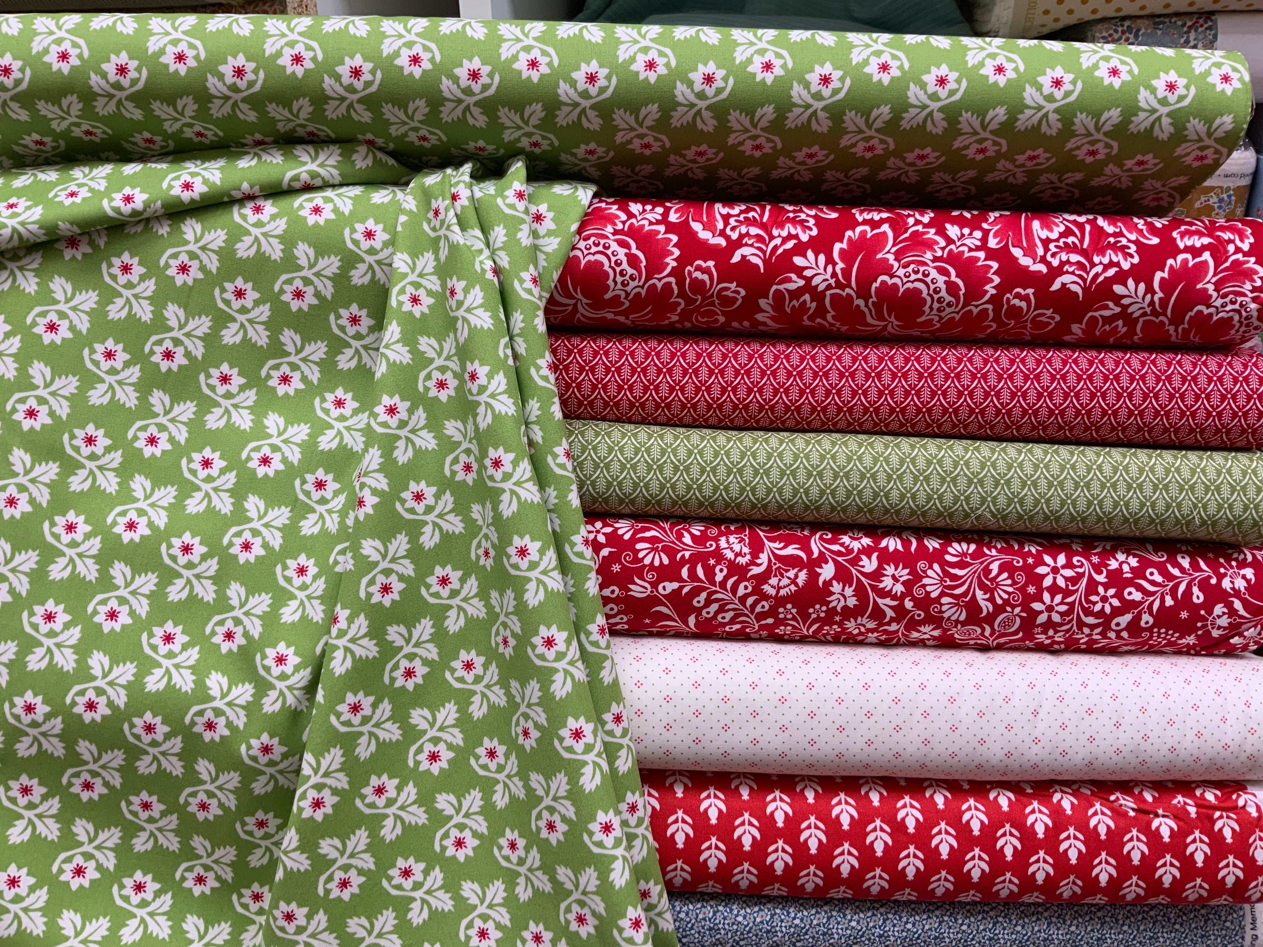 M50 Island Hopping Kit with green and red floral quilting fabrics curated by Bella Rose Quilts