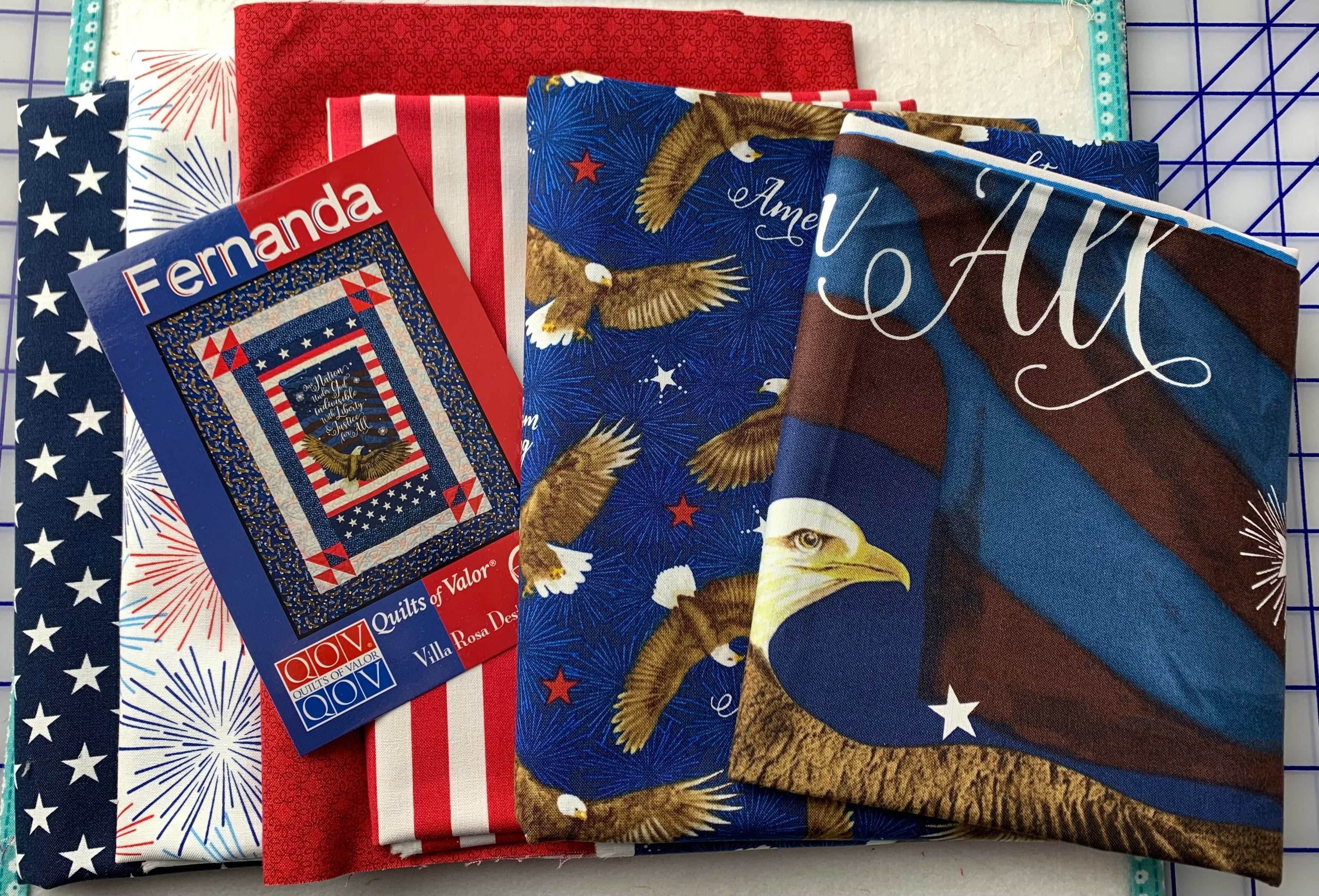 Fernanda Quilt Kit with patriotic fabrics featuring eagles, stars, and stripes from Villa Rosa Designs and One Nation by Henry Glass