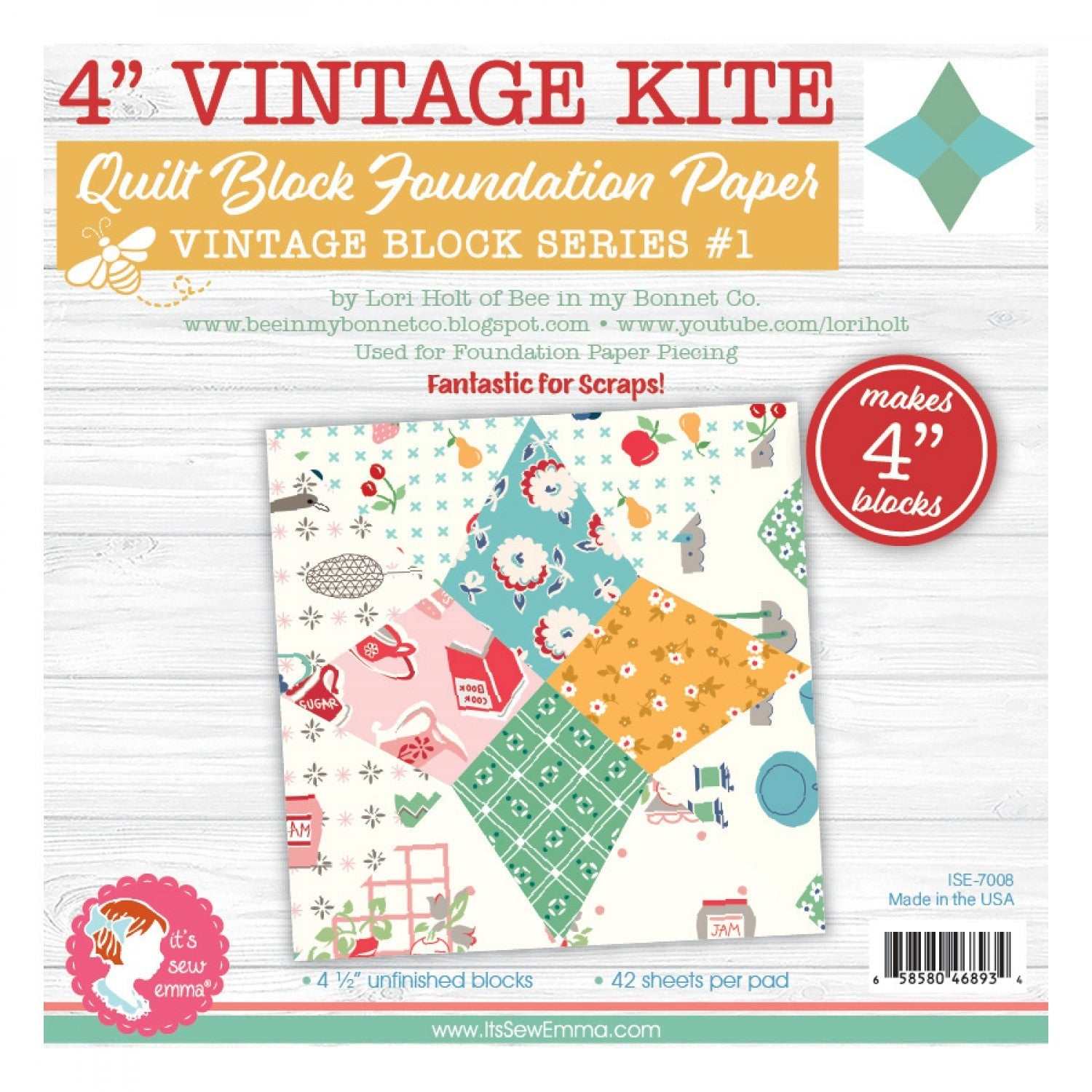4-inch Vintage Kite Quilt Block Foundation Paper by Lori Holt for sewing scrap quilt blocks