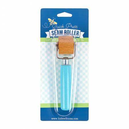 Quick Press Seam Roller with aqua handle and wooden roller for flattening seams and appliqué shapes