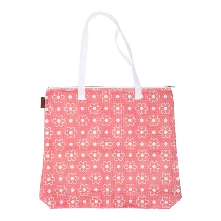 Big Daisy Project Bag pink with white daisy pattern and white handles by Lori Holt for quilting projects