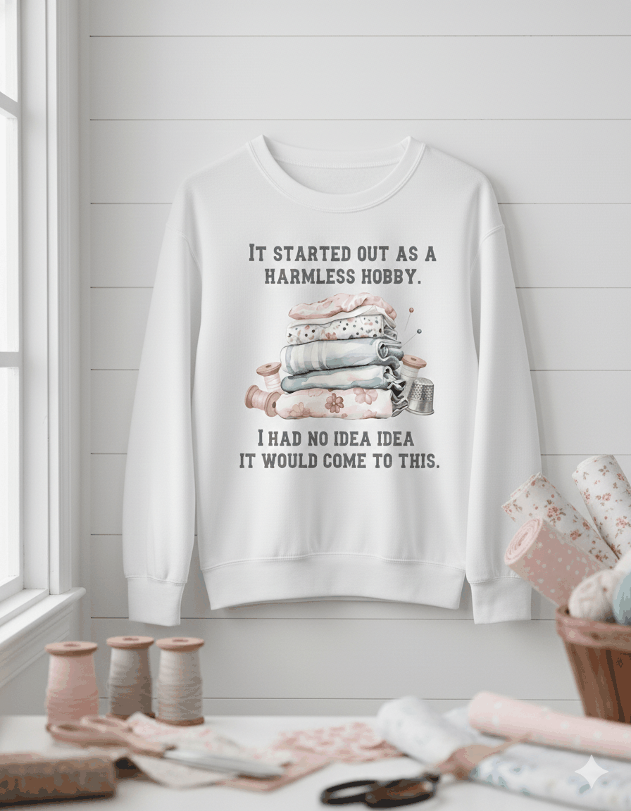 Women’s organic crew neck sweatshirt with printed slogan and stack of fabric design, white breathable fleece material