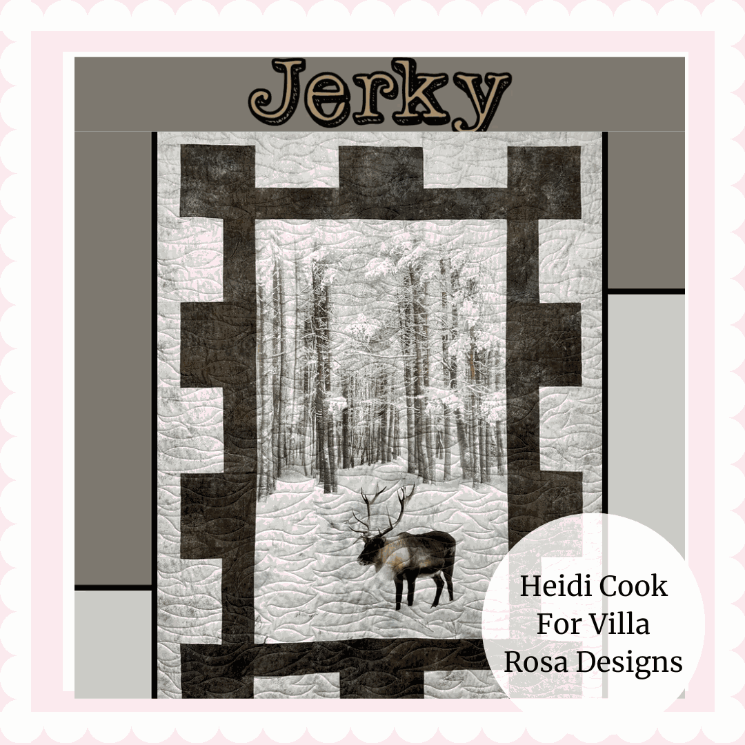 JERKY 43"x60" quilt pattern by Heidy Cook featuring a winter forest scene with a deer and geometric border design