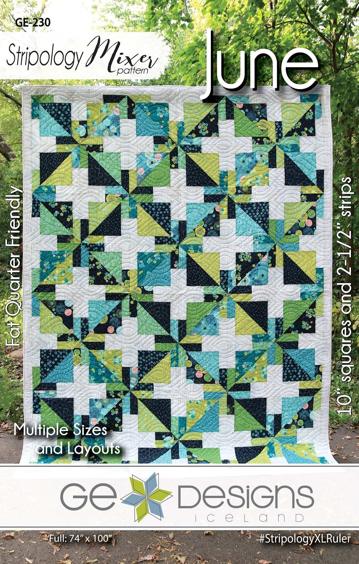 June - Stripology Mixer Pattern quilt with 10" squares and 2.5" strips in multiple layouts