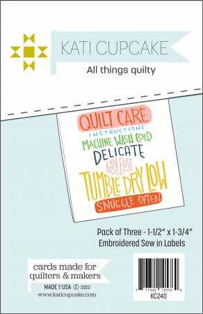 Quilt Snuggles Sew In Label embroidered pack with quilt care instructions for sewing projects
