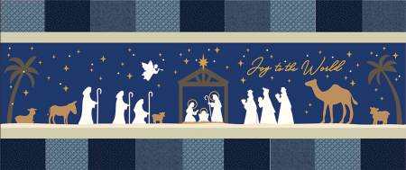 Kimberbell Nativity Bench Pillow with applique holy family, shepherds, wise men, palm trees, fairy lights, Mylar star, and "Joy to the World" message
