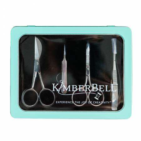 Kimberbell Deluxe Embroidery Tool set with scissors, snips, tweezers, and micro tips in turquoise case