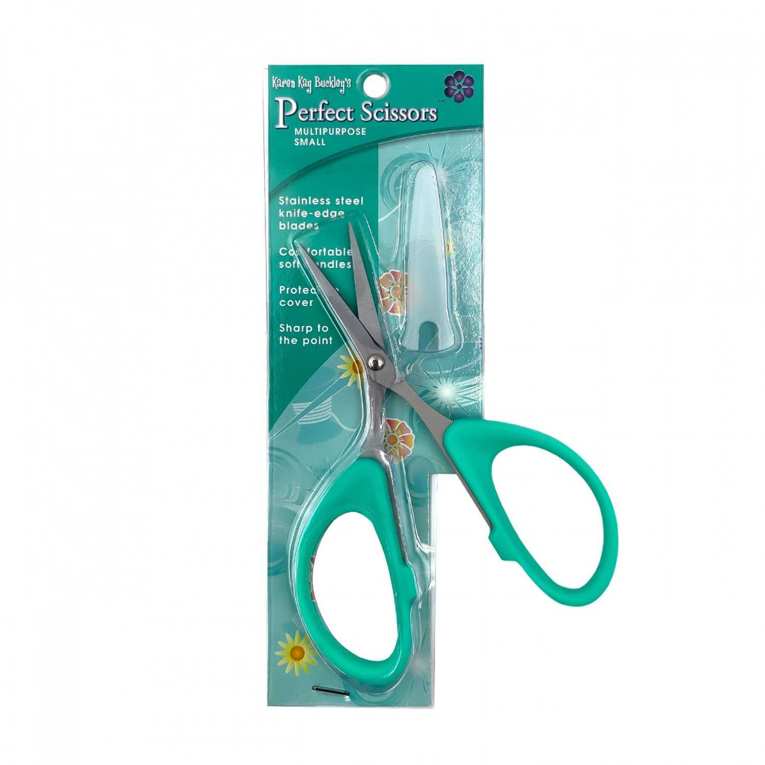 Karen Kay Buckley Perfect Scissors small teal ergonomic handle stainless steel blades with protective cover