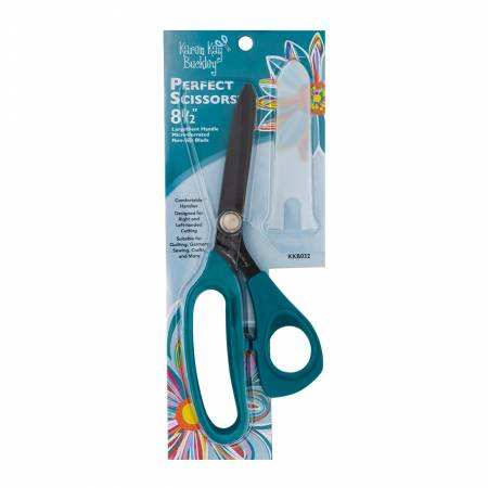 Karen Kay Buckley Perfect Scissors 8.5 inch with bent comfort grip handles and micro-serrated blades in dark teal for quilting and sewing