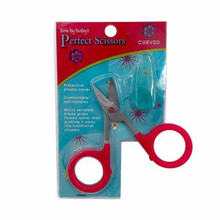 Karen Kay Buckley curved perfect scissors with serrated blade and red handles for quilting and embroidery