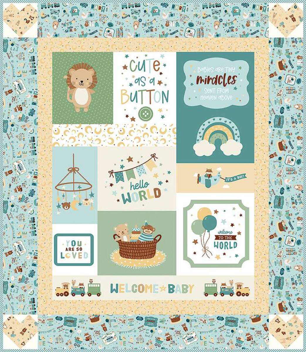 Cute as a Button Quilt Kit baby boy panel quilt with animal and baby-themed blocks in blue and beige tones