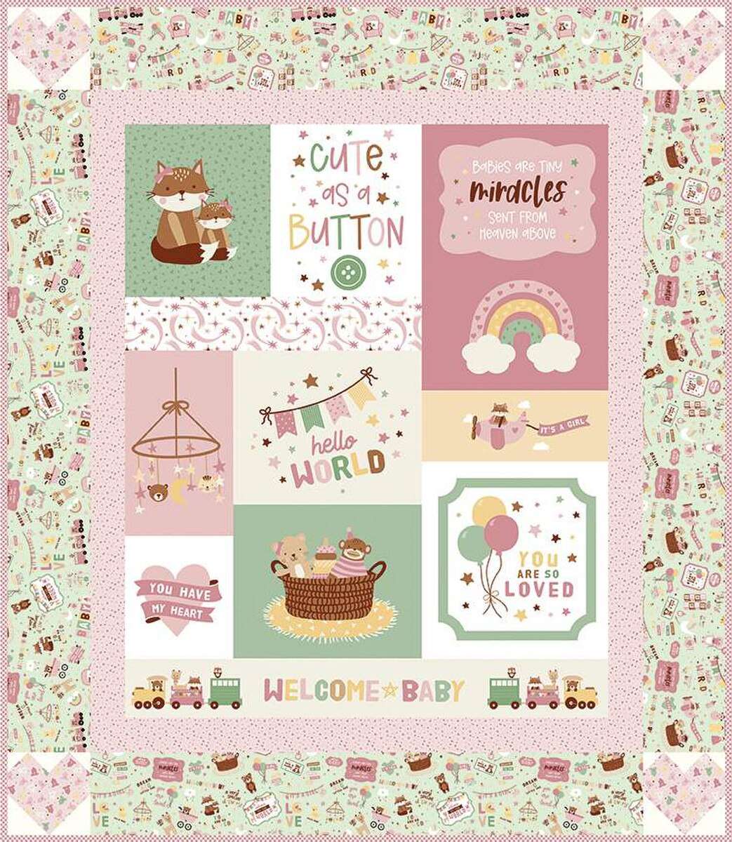 Cute as a Button Quilt Kit baby girl themed patchwork quilt with pastel colors and playful designs