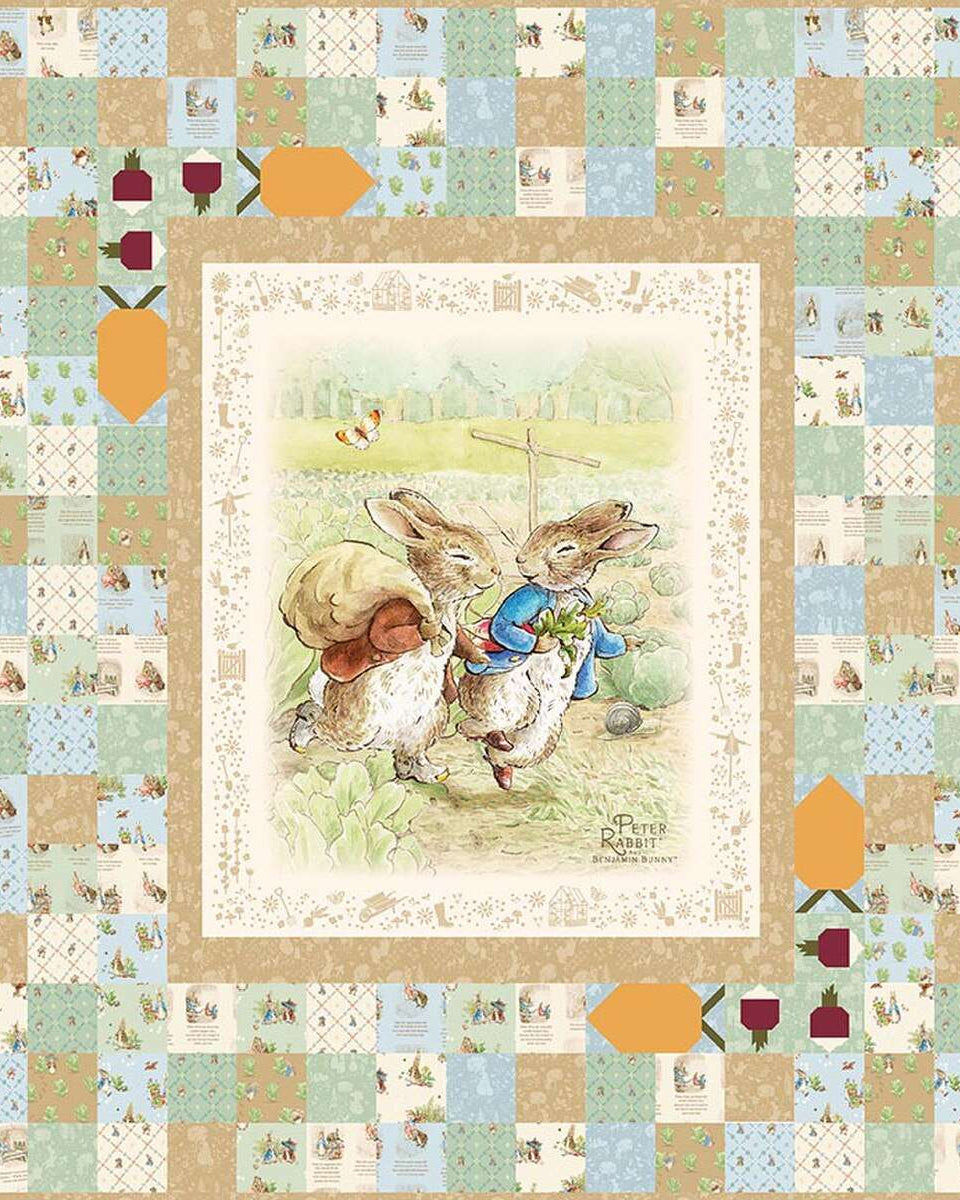 Peter’s Garden Adventures quilt kit featuring Peter Rabbit and Benjamin Bunny patchwork design