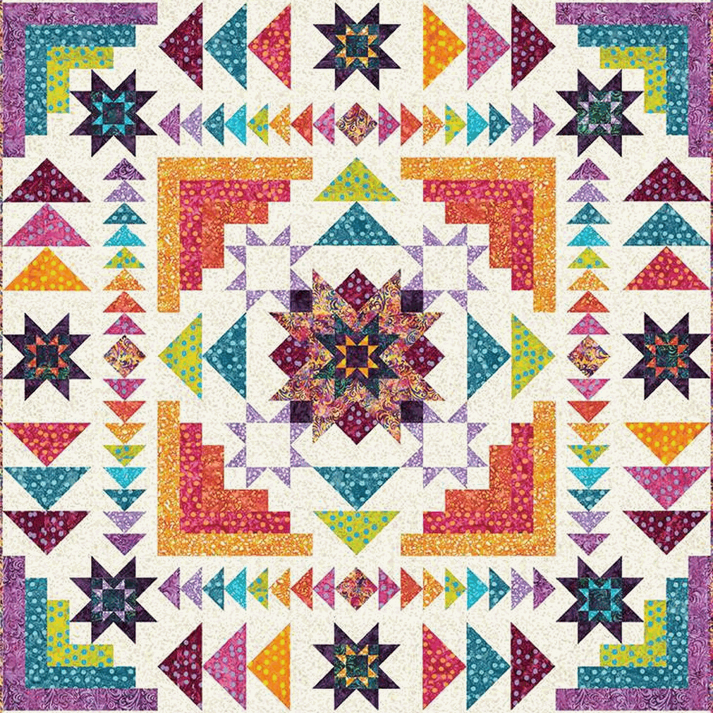 Hyperion BOM Quilt Kit colorful batik quilt top with star and triangle patterns 64.5 by 76.5 inches