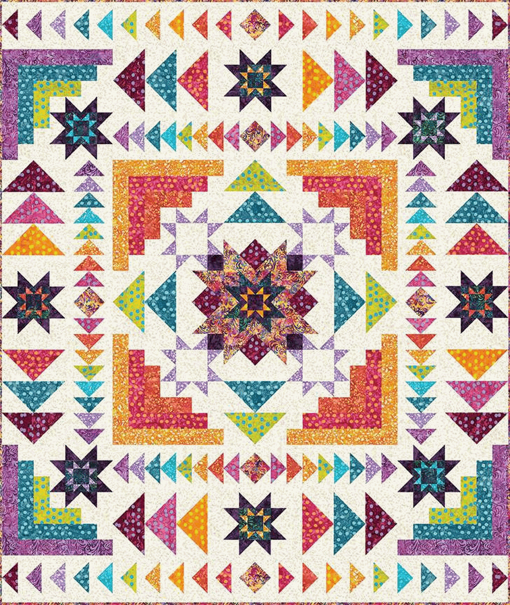 Hyperion BOM Quilt Kit colorful batik quilt top with star and triangle patterns 64.5 by 76.5 inches