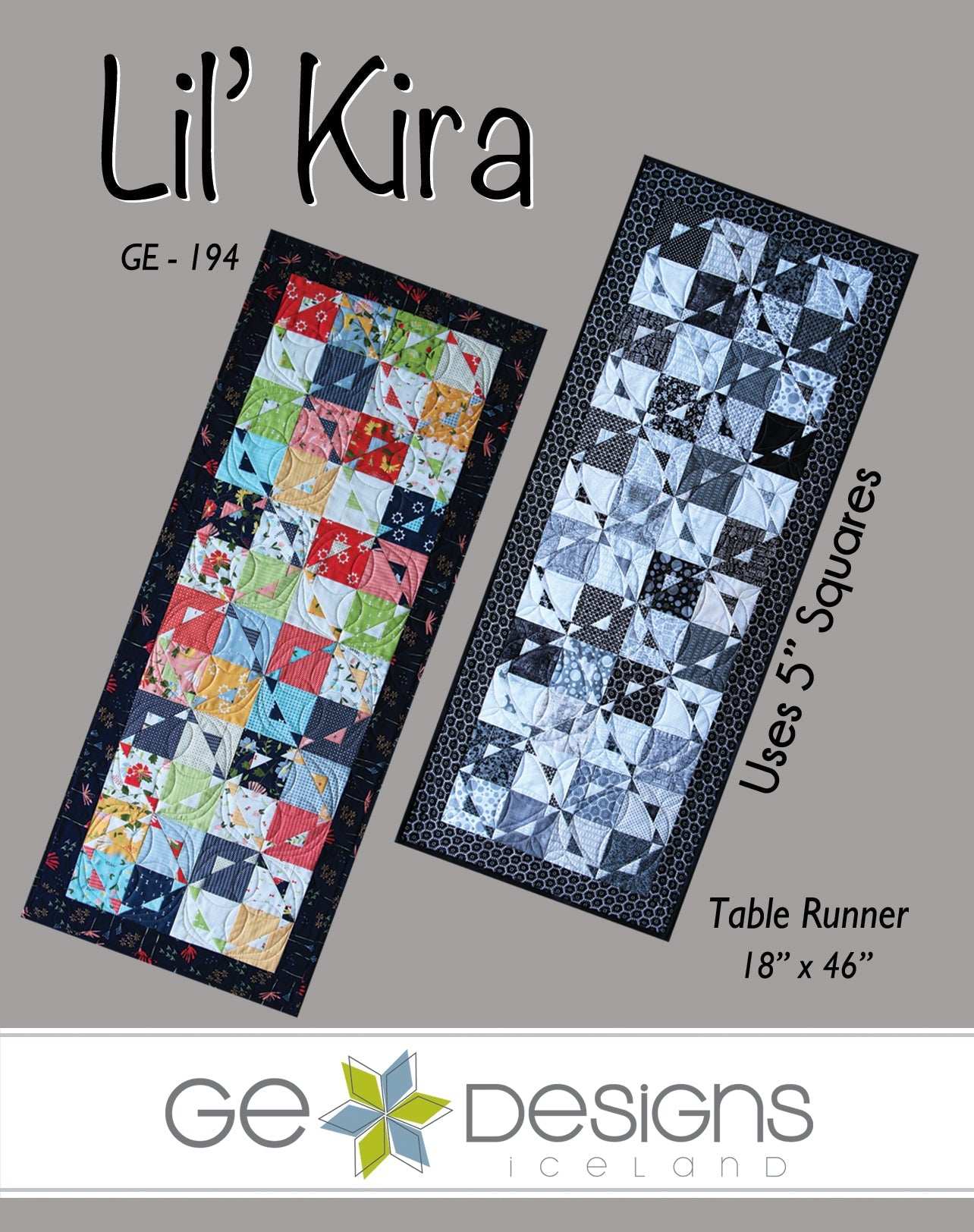 Lil' Kira table runner with 5-inch fabric squares in light and dark patterns, measuring 18 by 46 inches