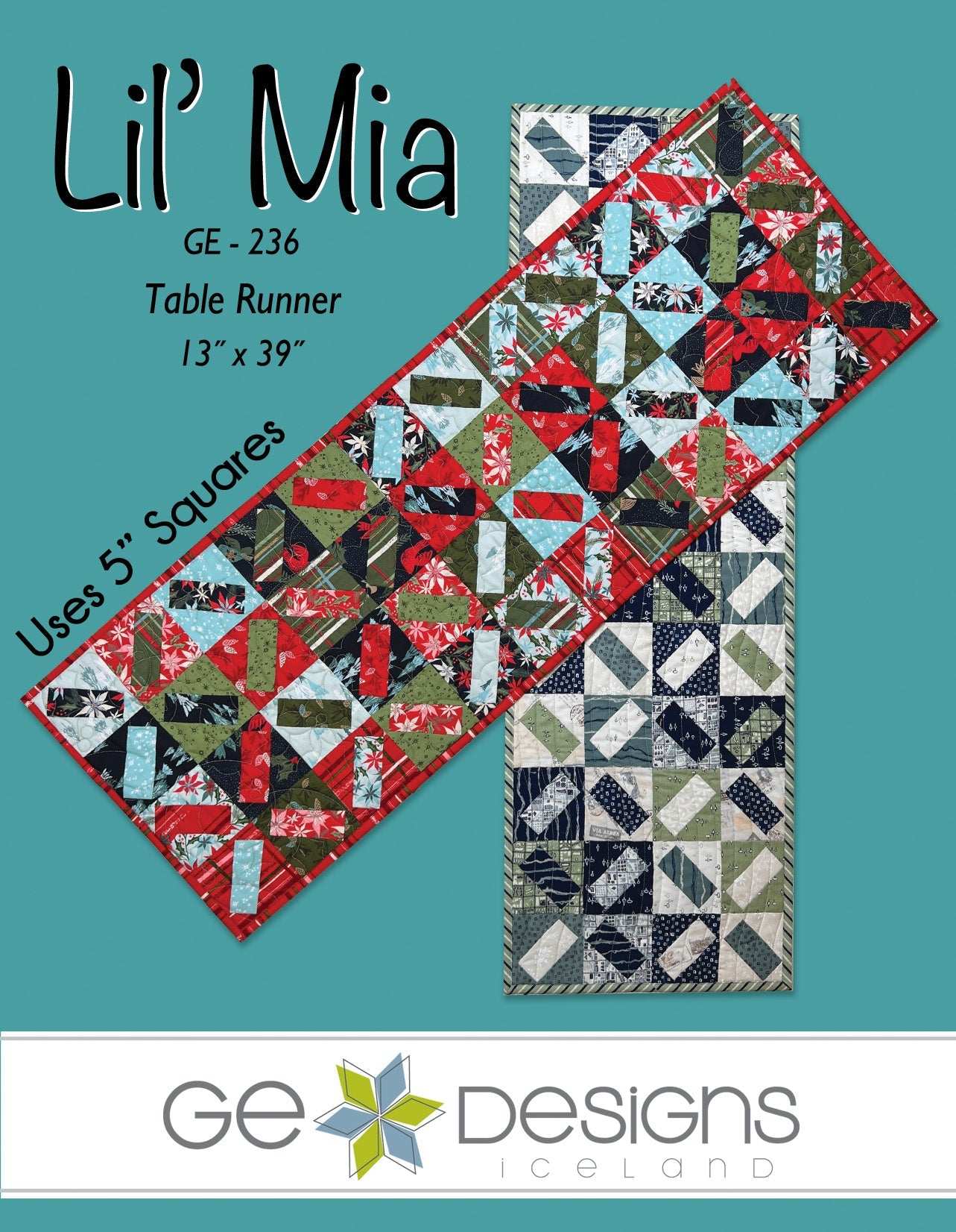 Lil' Mia table runner pattern with 5-inch squares and Stripology Quarters Mini Ruler, 13 by 39 inches