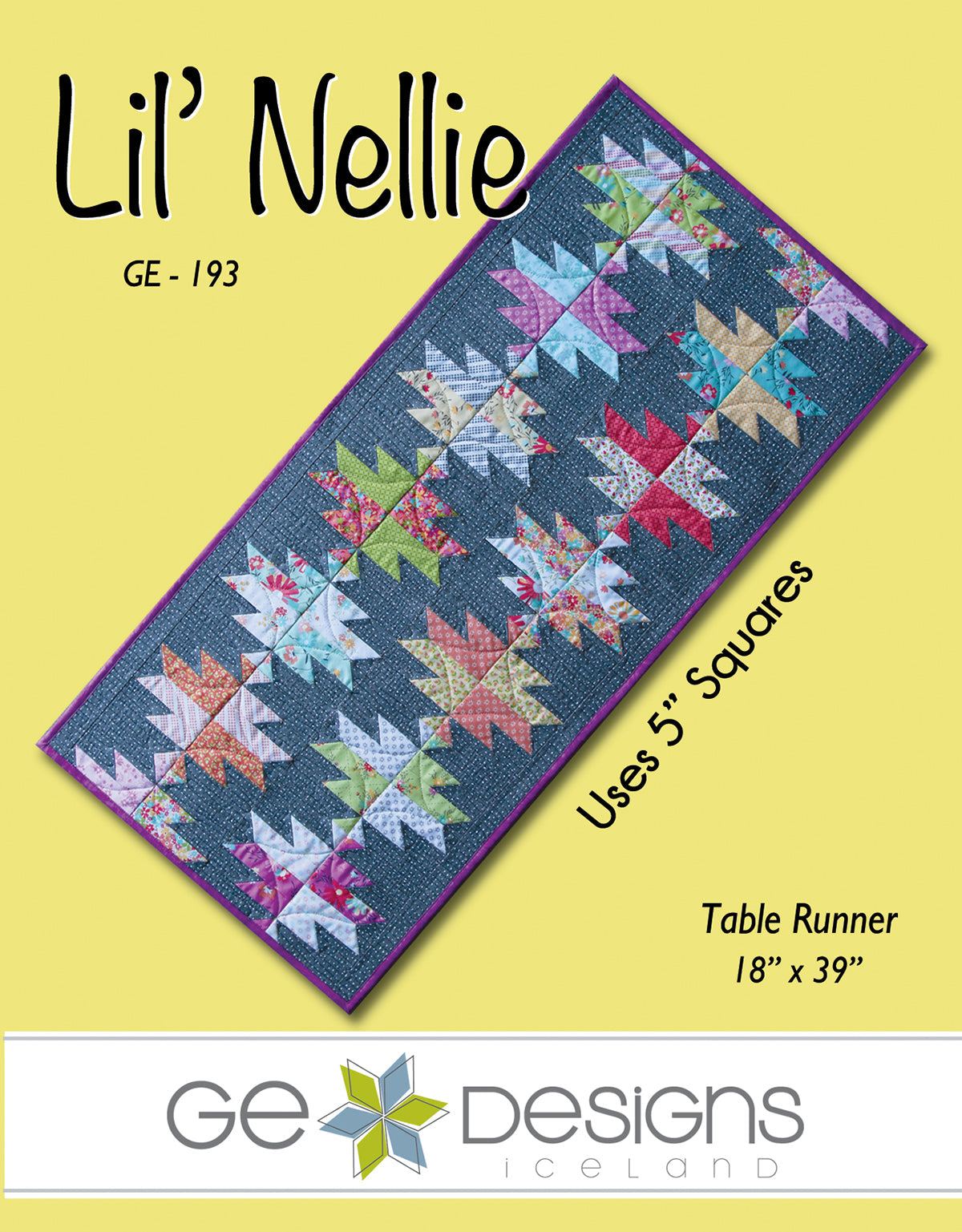 Lil' Nellie table runner pattern 193 with 5" fabric squares and Stripology Squared Mini Ruler, size 18" x 39"