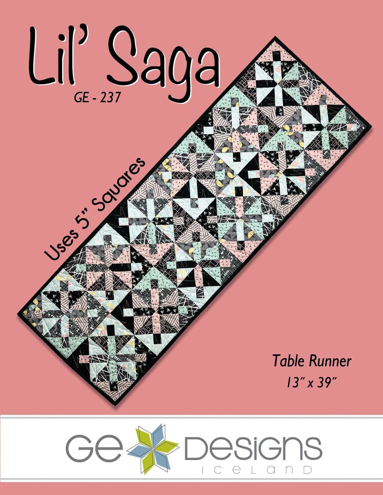 Lil' Saga table runner pattern with 5-inch squares in a 13 by 39 inch design