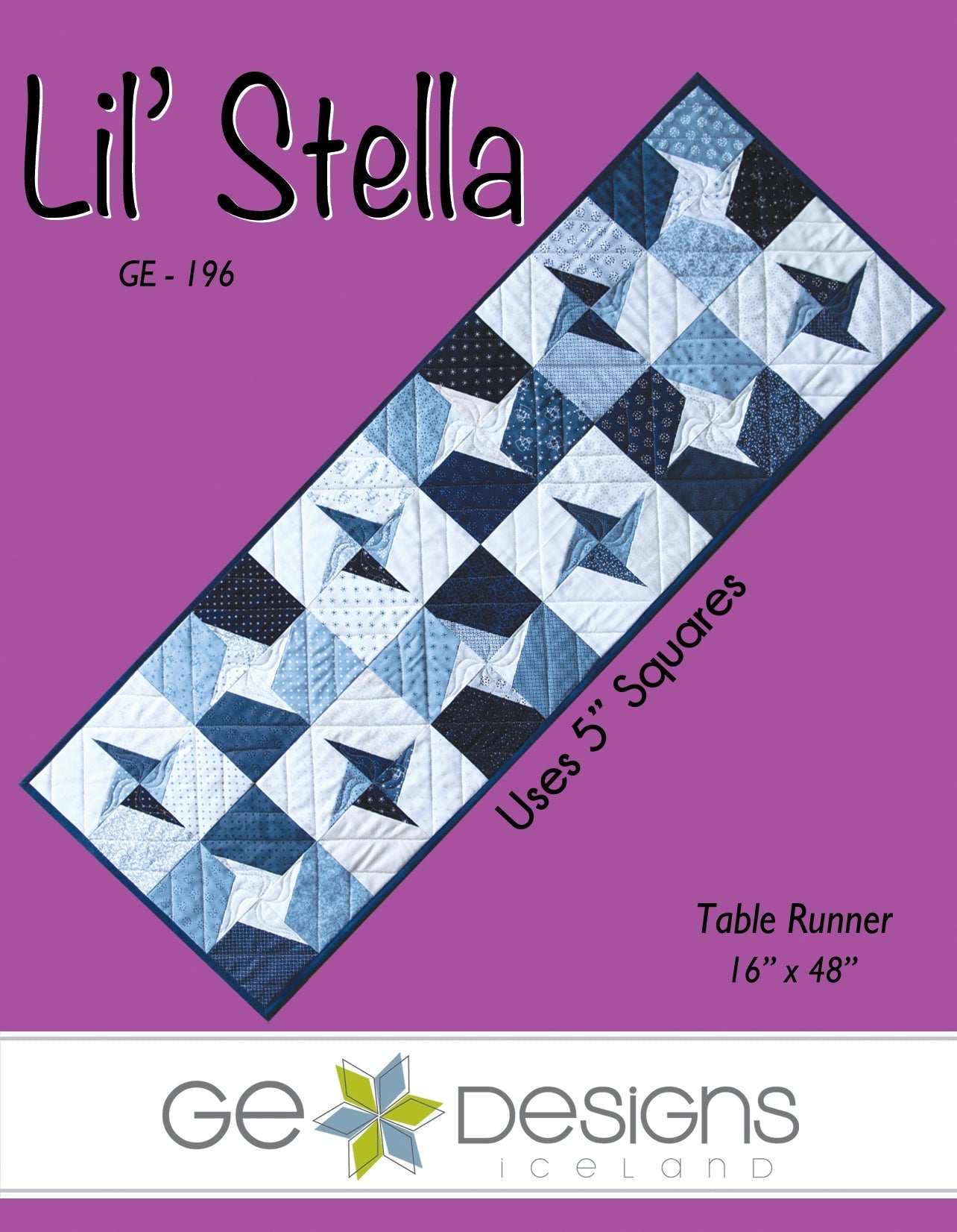 Lil' Stella table runner pattern with light and dark charm squares for holidays and red white blue themes, 16" x 48" size